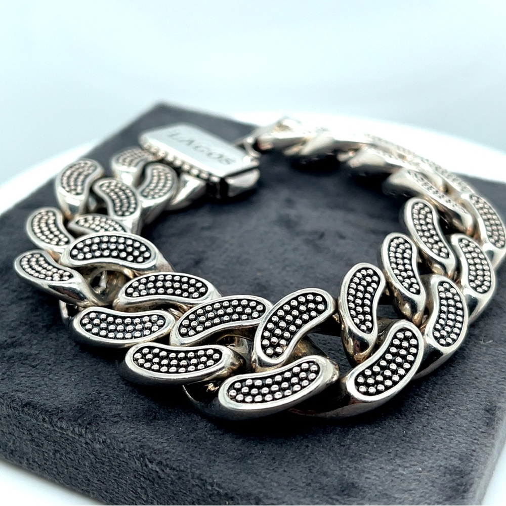 LAGOS Sterling Silver Anthem Caviar Bead Wide Curb Link Bracelet - Picture 4 of 6